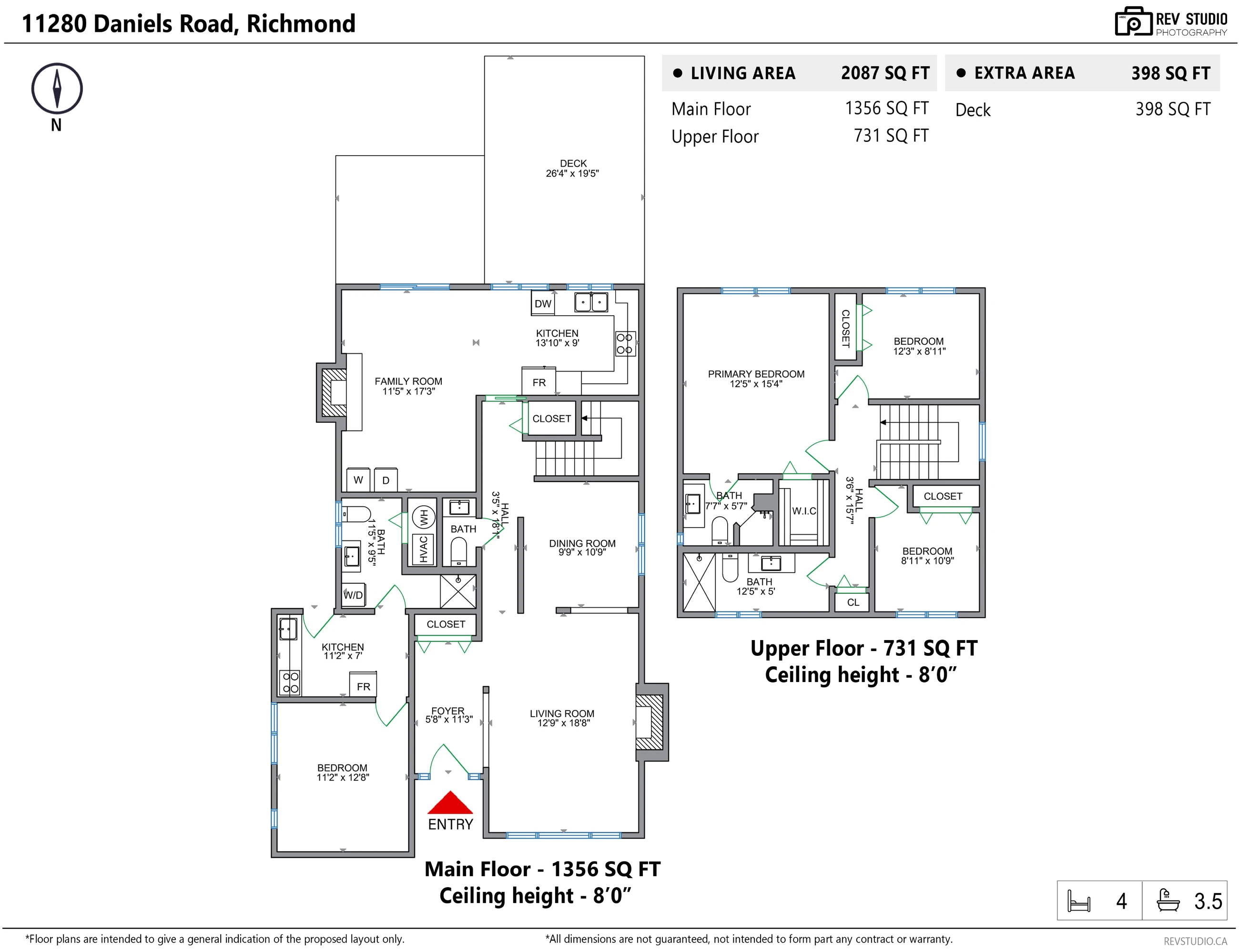 Floor plan of 11280 Daniels Road: main floor with living, dining, family room, kitchen, a second kitchen, a bedroom and two bathrooms; upper floor with three bedrooms and two bathrooms; the deck